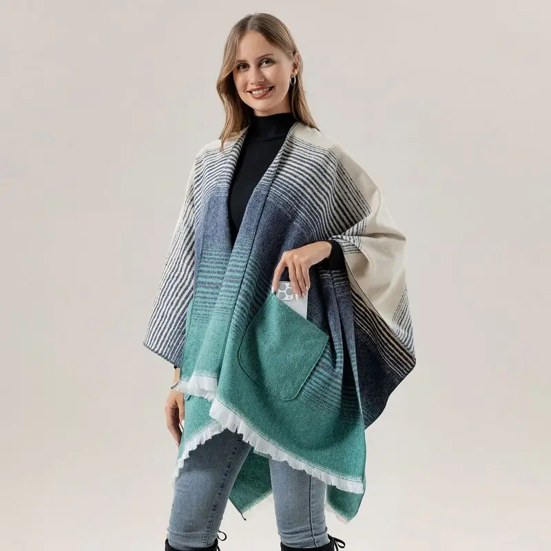 Summer shawl, faux cashmere, with a slit design, new gradient color, and large pockets