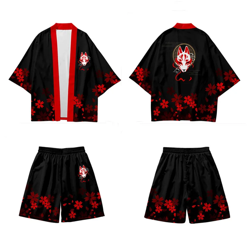 Two-piece Suit Japanese Loose Cardigan Newest Haori Yukata Nine Tailed Fox Kimono Shorts Sets