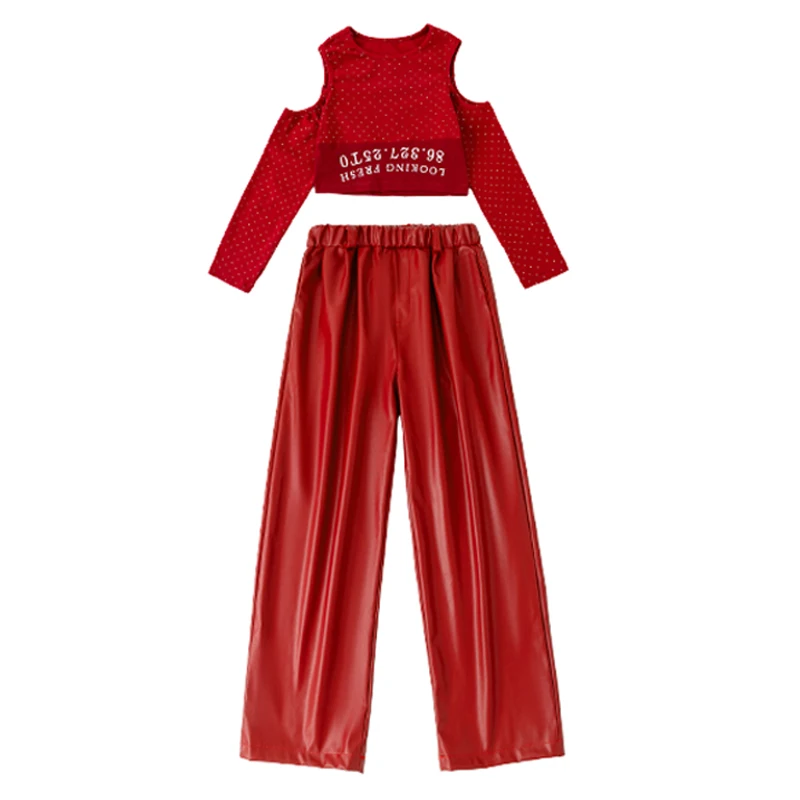 Crianças terno de dança de salão meninas jazz dança traje vermelho superior calças de couro crianças hip hop roupas grupo k-pop outfit xs10720