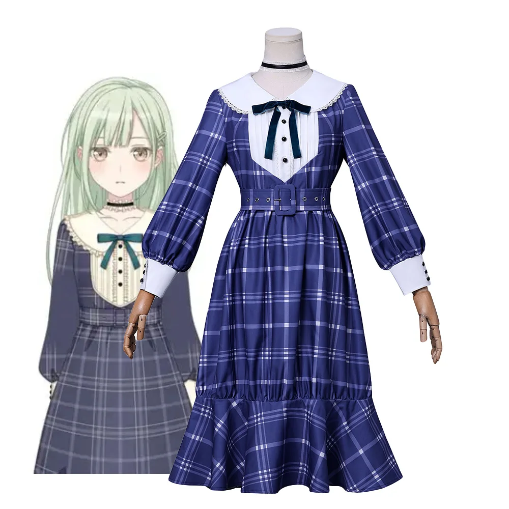 

Mutsumi Wakaba Косплей Аниме BanG Dream Костюм Синяя клетчатая юбка Платье Сетчатая форма Хэллоуин Вечеринка Костюм для женщин
