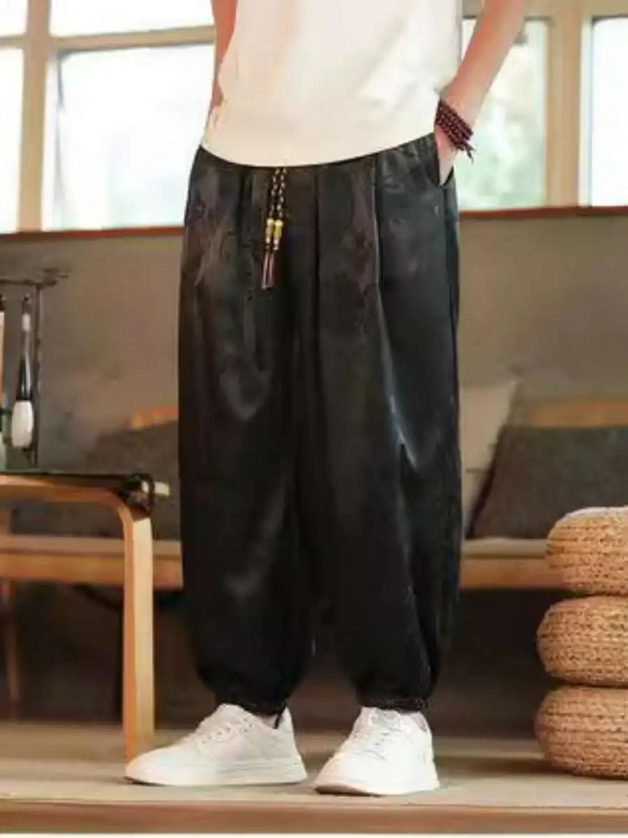 

Spring Summer Thin Ice Silk Drapey Men's Print Lantern Harlan Loose Casual Wide Leg Pants mid Waist Long Pants No Stretch