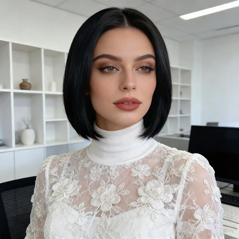 African wig for women, black short straight hair, middle-parted bobo style, synthetic fiber wig