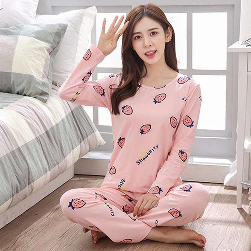 2 Pieces Women Pajamas Suit Cartoon Cat Print Girl Sleepwear Long-Sleeved Trousers Pyjamas Set Round Neck Home Clothes Nightwear