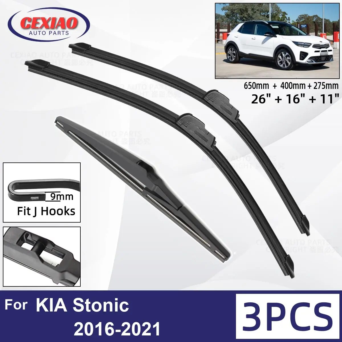 

For KIA Stonic 2016-2021 Car Front Rear Wiper Blades Soft Rubber Windscreen Wipers Auto Windshield 26"16"11" 2017 2018 2019 2020