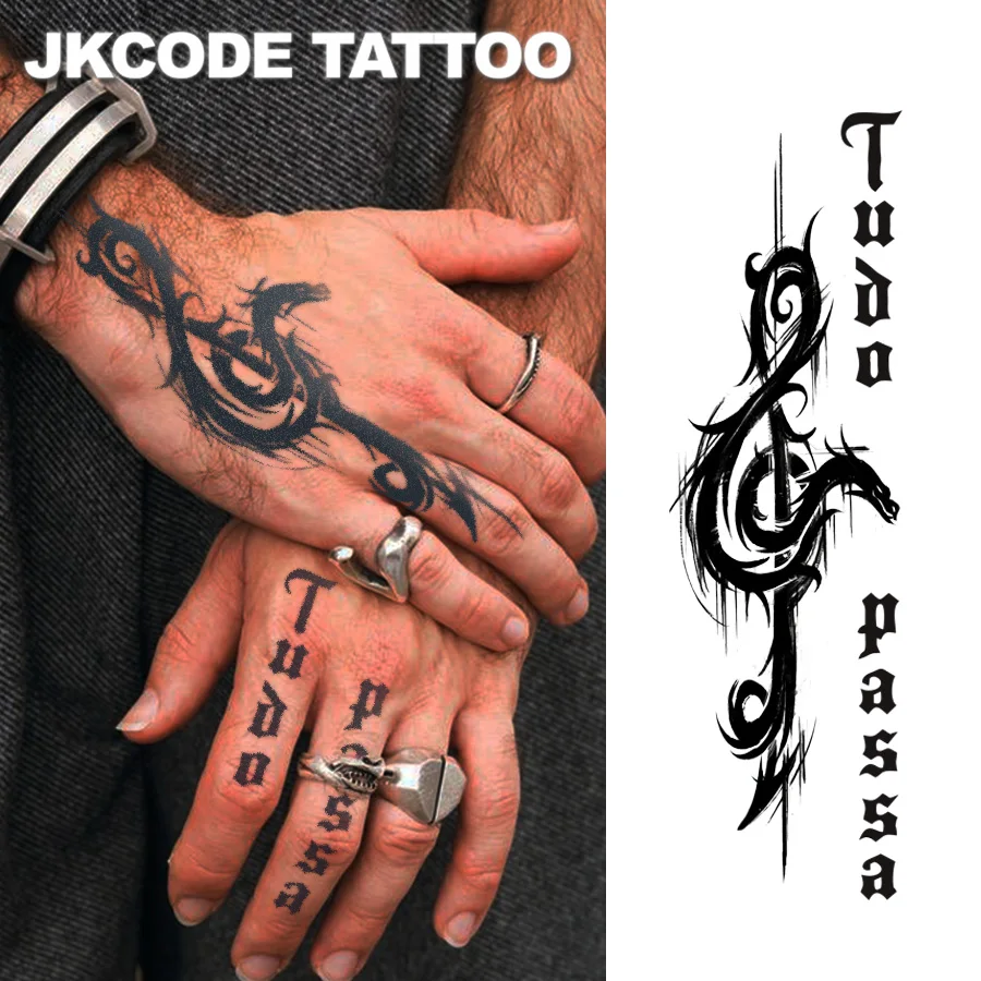 Diablo Gothic Dragon - Everything Passes - Herbal Temporary Tattoo Dark Music Note Cool Style Dragon Totem - Spanish Text Finger Sticker Graffiti Men's Style Warm Women's Style Hand and Neck Dual-Use Tattoo Sticker Long-Lasting Waterproof for 15 Days