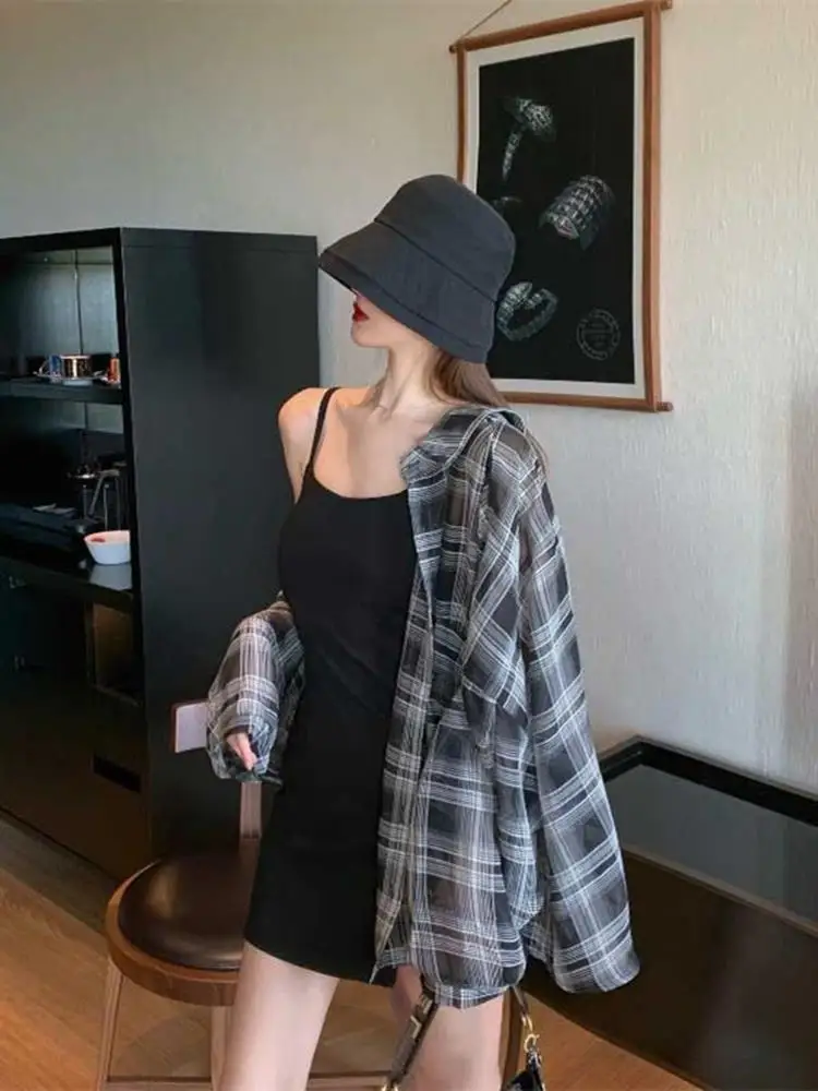 2025 Summer New Style Women's Light Checkered Shirt Outerwear Long Sleeve Collar Regular Fit Loose Style Premium Feeling