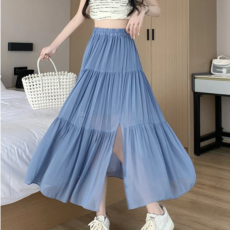 

Women Summer Korean Fashion Pleated Spli Tblack Skirts Female Fairycore Elastci Waist Faldas Mujer Elegant Chiffon Long Skirt