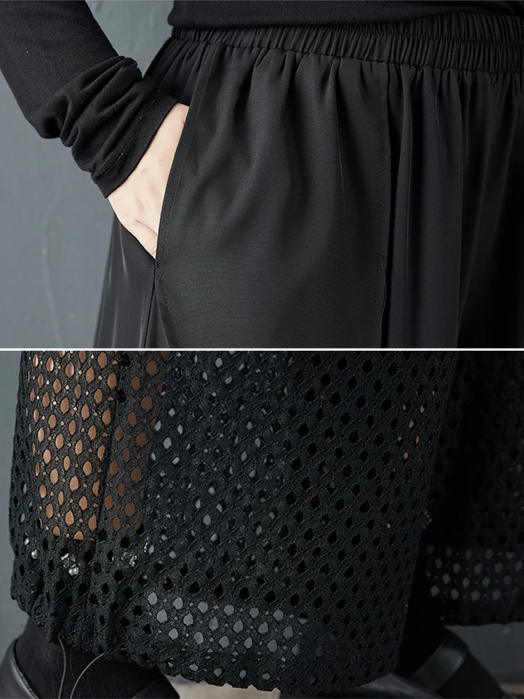 Noir Vintage Patchwork maille taille haute pantalon à jambes larges femmes nouveau printemps automne décontracté pantalon ample mode Streetwear 2025