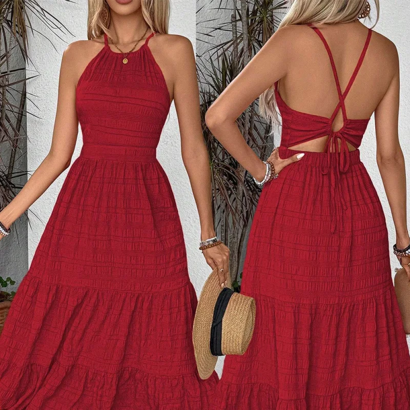 2025sheinIndependent Station Women's Retro Red Halter Dress Summer High Waist Backless Long Dress