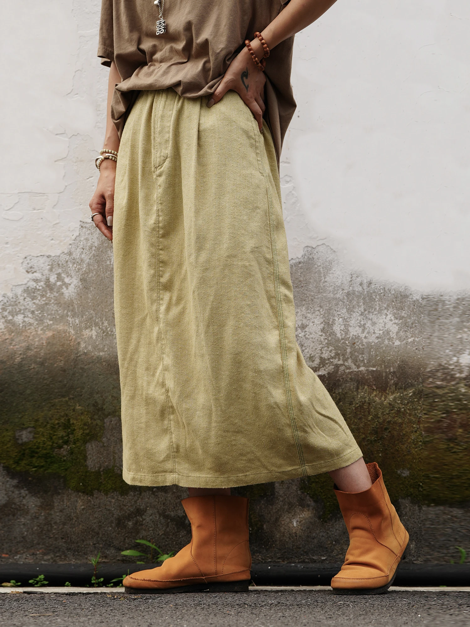 

Шелковая юбка Ji Jian Han Hanlin с разрезом, модель Kt20, средней посадки, А-силуэт, миди, для офиса, художественная, тонкая, стандартного кроя