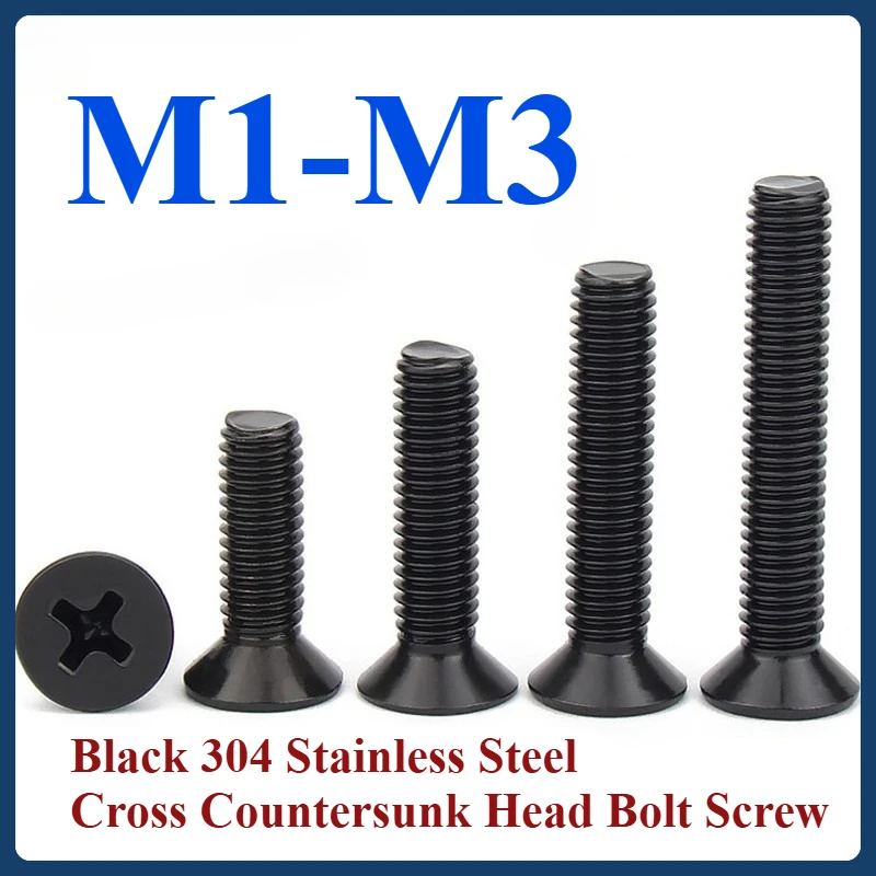 

M1-M3 30~500pcs Black Carbon steel Cross Phillips Flat Countersunk Head Bolt Screw