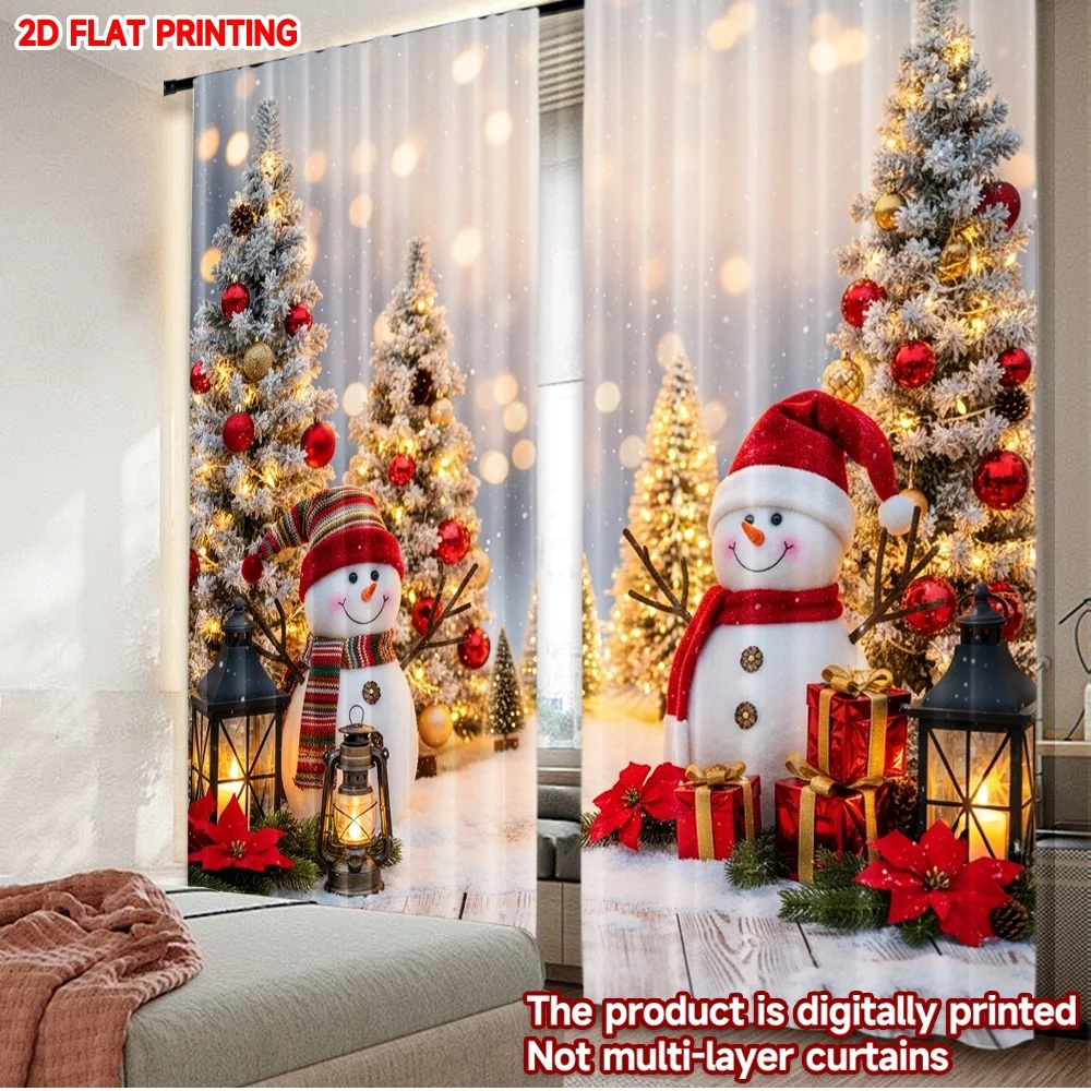 2D-Flachdruck, 2 Stück, Frohe Weihnachten, Party-Vorhänge, Weihnachten, Schneemann, Urlaubsszene, digital bedruckte Polyester-Vorhänge, Urlaub