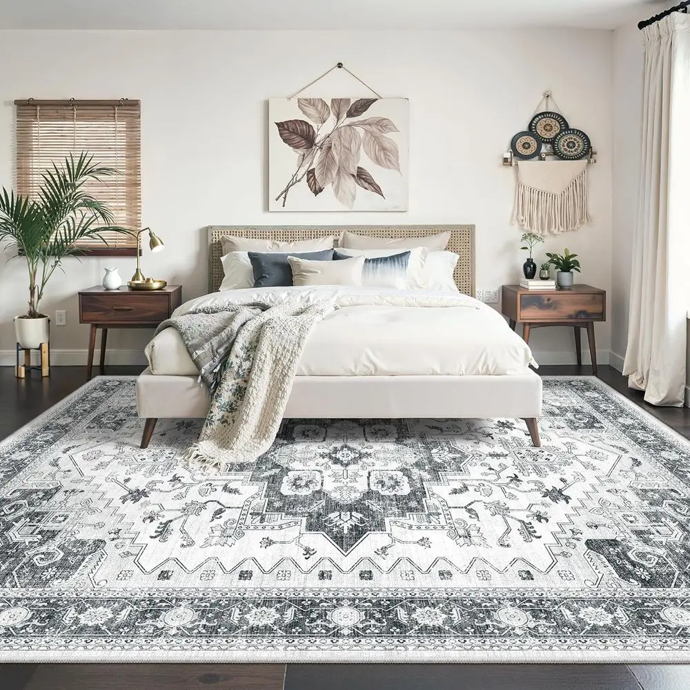 Grey 8x10 Stain-Resistant, Washable Neutral Rug for Living Room & Bedroom, Vintage Style, Non-Slip Large Area Rug