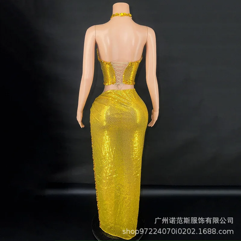 فستان ذهبي لامع مثير بفتحة عالية للكبار نموذج المنصة الملابس العصرية شركة الاجتماع السنوي فساتين ماكسي لضيوف الزفاف #4