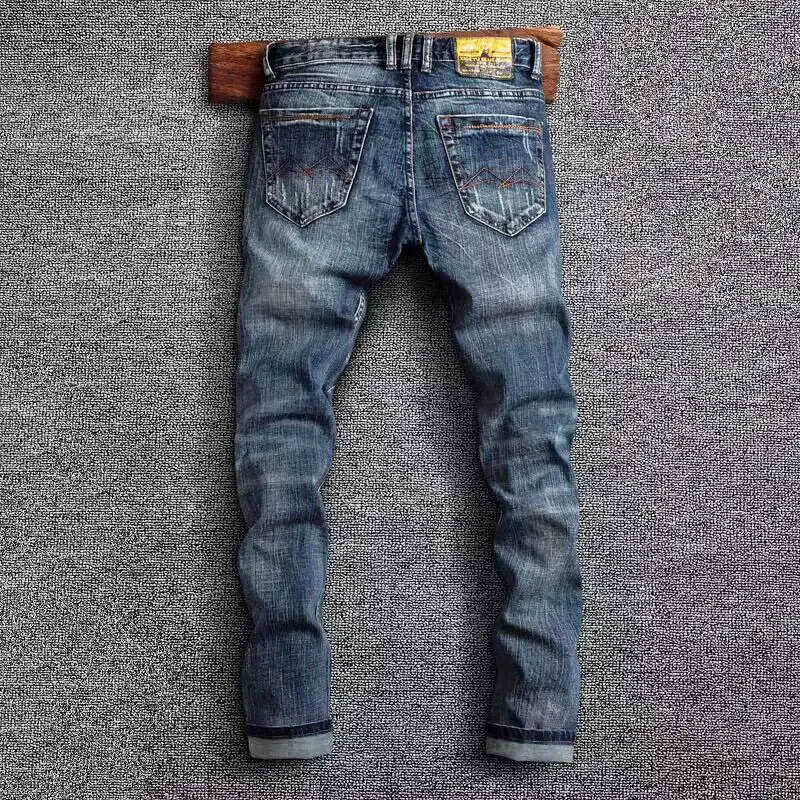 Street Fashion Men Jeans Retro Blue High Quality Stretch Straight Slim Fit Ripped Jeans Men Vintage Designer Denim Pants Hombre