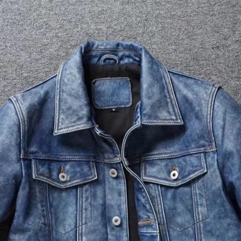 Men's Motorcycle Leather Jacket Light Blue Ami Khaki Retro Graphite Distressed Denim Genuine Leather Jacket Slim Short Jacket 5