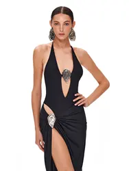 Sexy White Deep V-Neck Halter One-Piece Swimsuit with High Slit and Gold Accents  Perfect for Evening Parties Women's Swimsuit