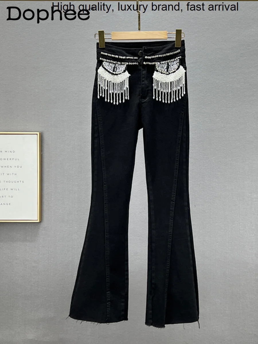 

Diamond Beaded Hot Tassel Black Jeans for Women 2023 New Autumn Stretchy High Waist Slimming Blue Denim Bell-Bottom Pants Street