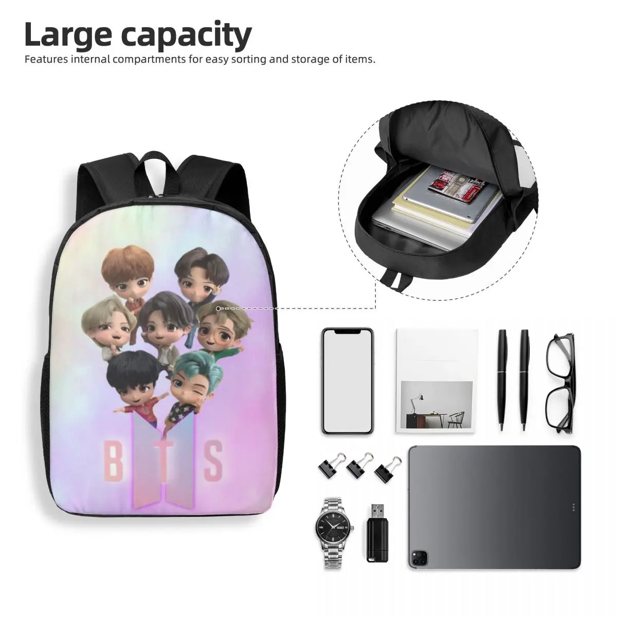 17-Inch Student Backpack Popular-KPOP-Like-B-TS Comfortable and Practical Backpack for Daily Use, School, and Travel