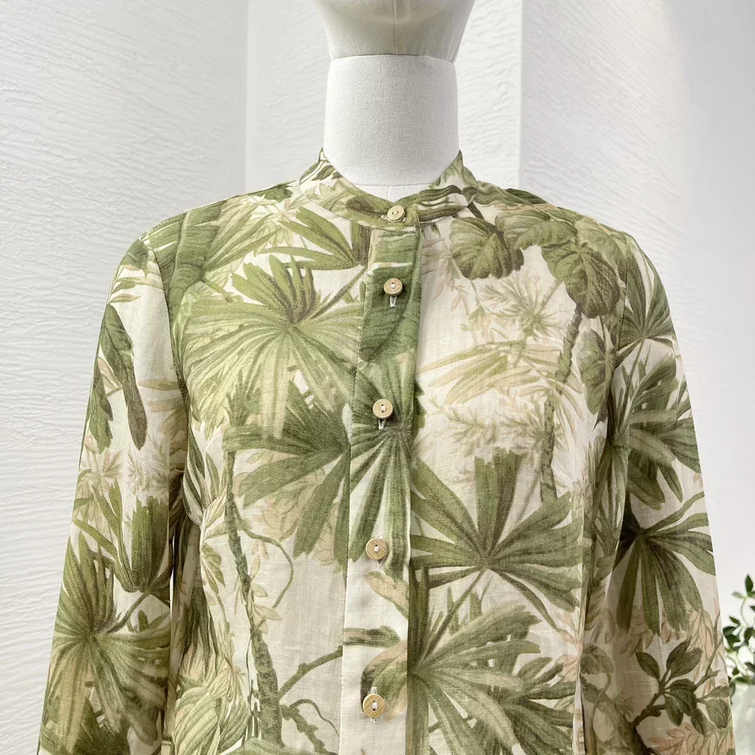 Ramie Spring Summer 2024 High Quality New Vintage Green Leaf Print Long Sleeve Women Blouse Tops