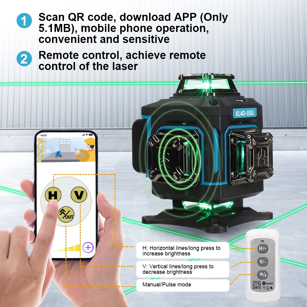 KEZERS 16 Lines 4D Display Green Laser Level KL4D-03G Self leveling 360 with 1PC 4000mAh Li-ion Battery,Remote Control,Receiver