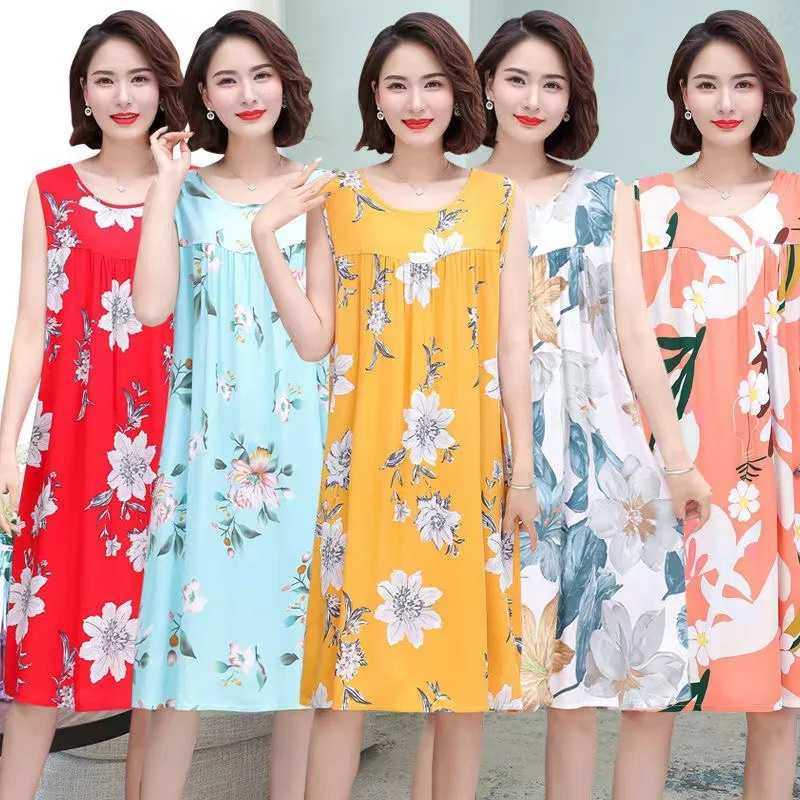 

Nightgown Summer Loose Large Size Homewear Dresses Printed Sleeveless Middle-aged Fashion Breathable Simple Casual Comfortable