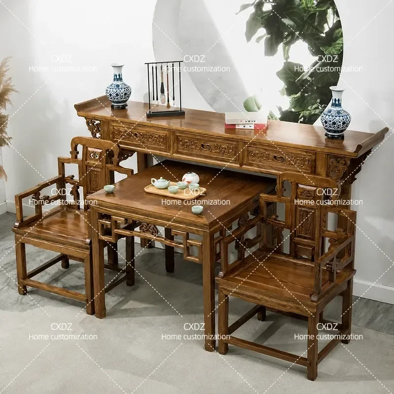 Chinese Solid Wood Living Room Furniture Set Antique Style Eight Immortals Table Side Table and Taiji Chair for Main Hall