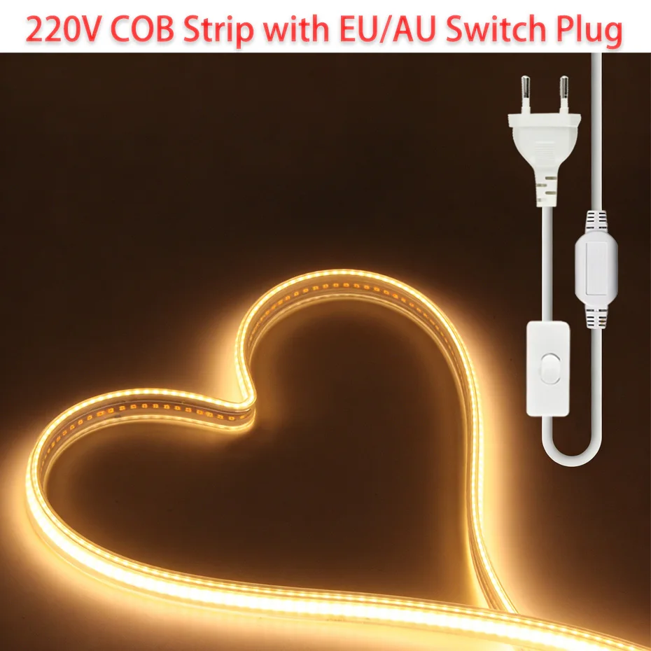 

Светодиодная лента AC220V COB, 288 светодиодов/м, IP65, водонепроницаемая гибкая лента с вилкой переключателя ЕС/Австралии для аварийного освещения внутренней безопасности