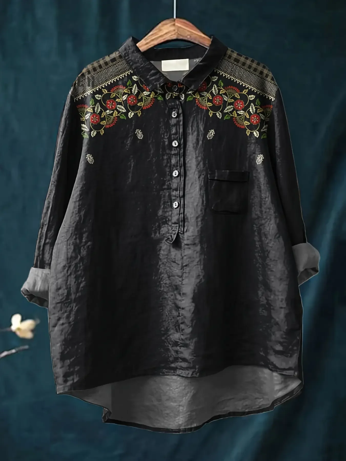 

Spring/Summer/Autumn Wearing Women's Printed Collar Shirt - Oversized Loose Long Sleeve Top with Asymmetric Hem