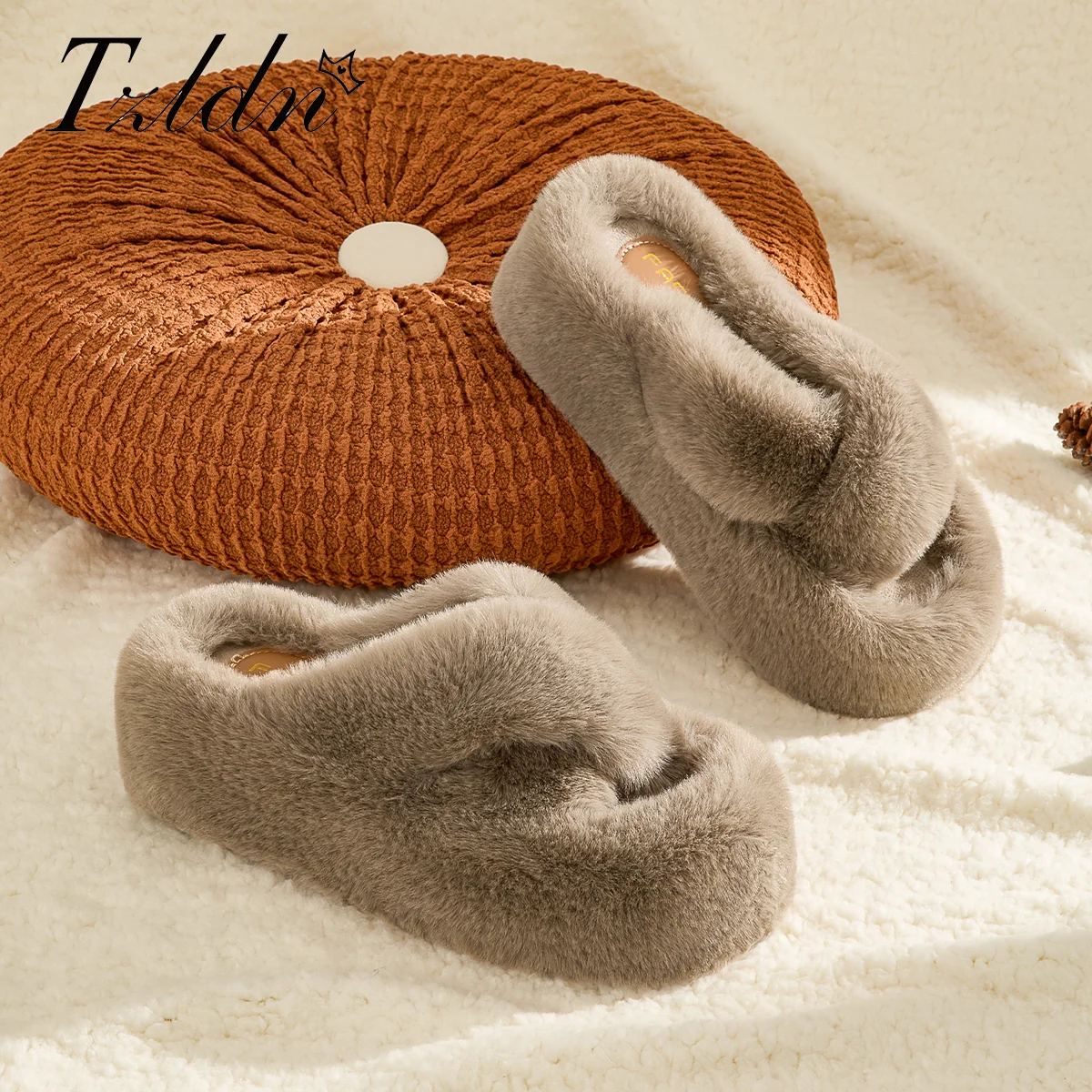 TZLDN Zapatillas de casa para mujer, zapatillas de dormitorio de lana de felpa suave con punta abierta y banda cruzada, zapatillas antideslizantes para mujer