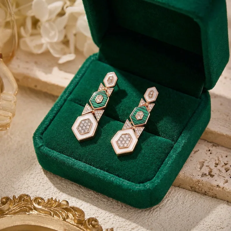 European American Style Long Earrings Women Lady Inlay Cubic Zircon Mother Of Pearl Malachite Plated Gold Color Tassels Eardrop view 6