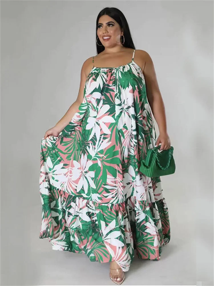 Wmstar Plus Size Dresses for Women Flowers Print Sexy Slip Big Hem Draped Maxi Dress Sweet Style Wholesale Dropshipping Xl- 5xl