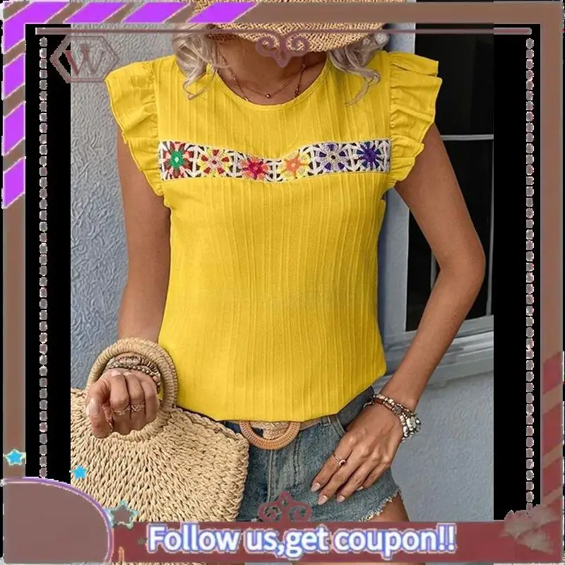 A95D-Blusa bohemia de verano de manga corta con cuello redondo y bordado floral para mujer