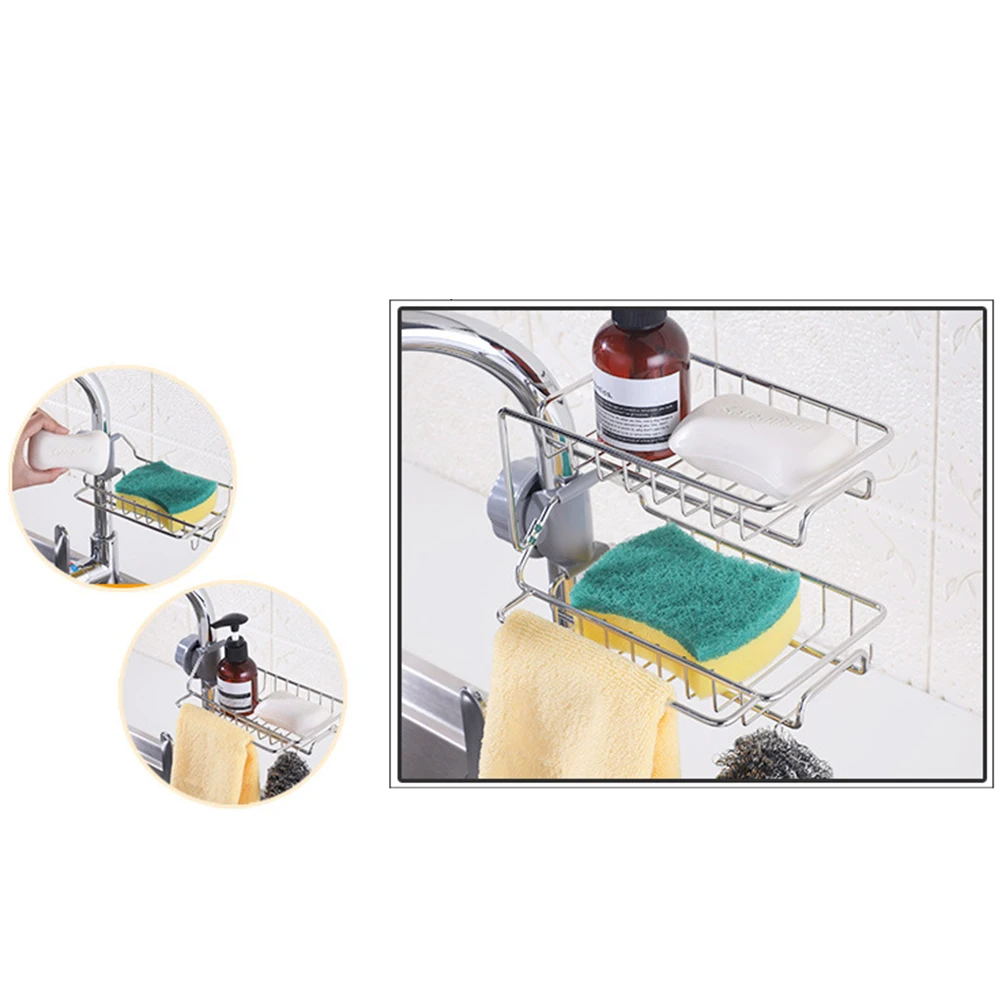 

Adjustable Faucet Storage Stainless Steel Plastic Kitchen Sink Sponge Organizer Double Layer Drain Holder No Drilling