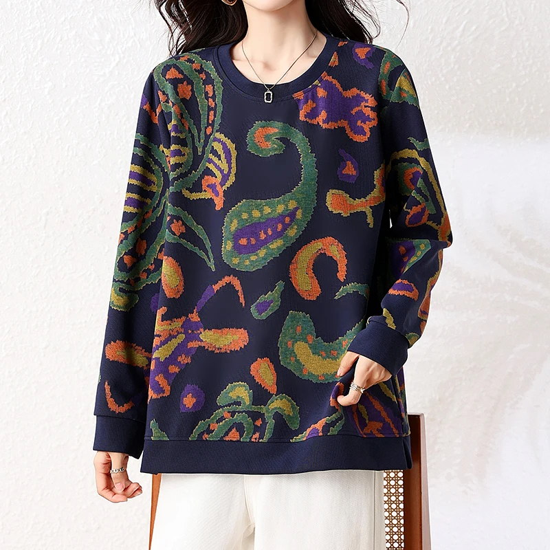 L-XXXL sudadera para mujer primavera otoño Tie-dyed estampado manga larga cuello redondo Top suelto Casual jerseys jersey azul oscuro