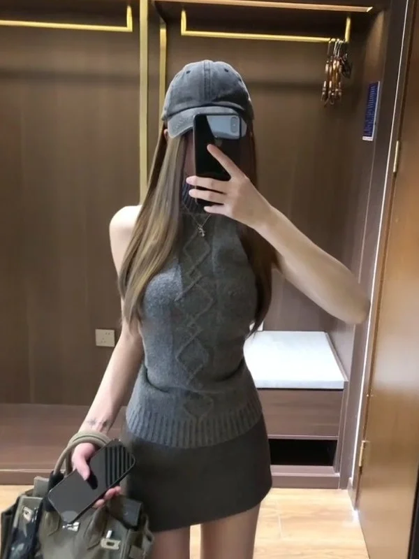 

Pure Desire Knitted Set Women's Sexy ort Sve High Collar Bodycon Dr Two Piece Suit Spring Season Casual Wear