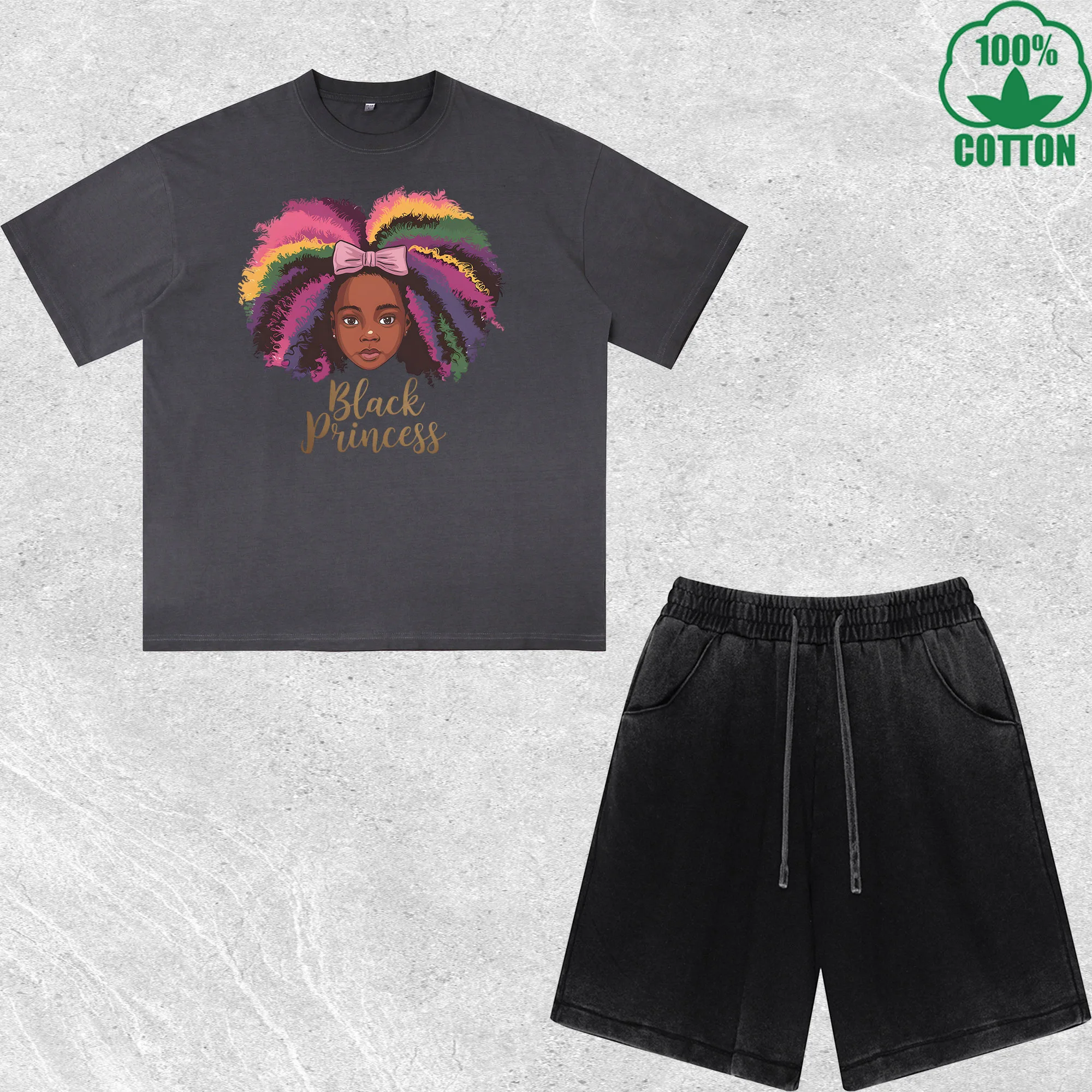 

Black Princess Printed Dirty Wash T-Shirt Shorts Set Combo Loose Trendy Fashionable 100%Cotton Short Value Pack