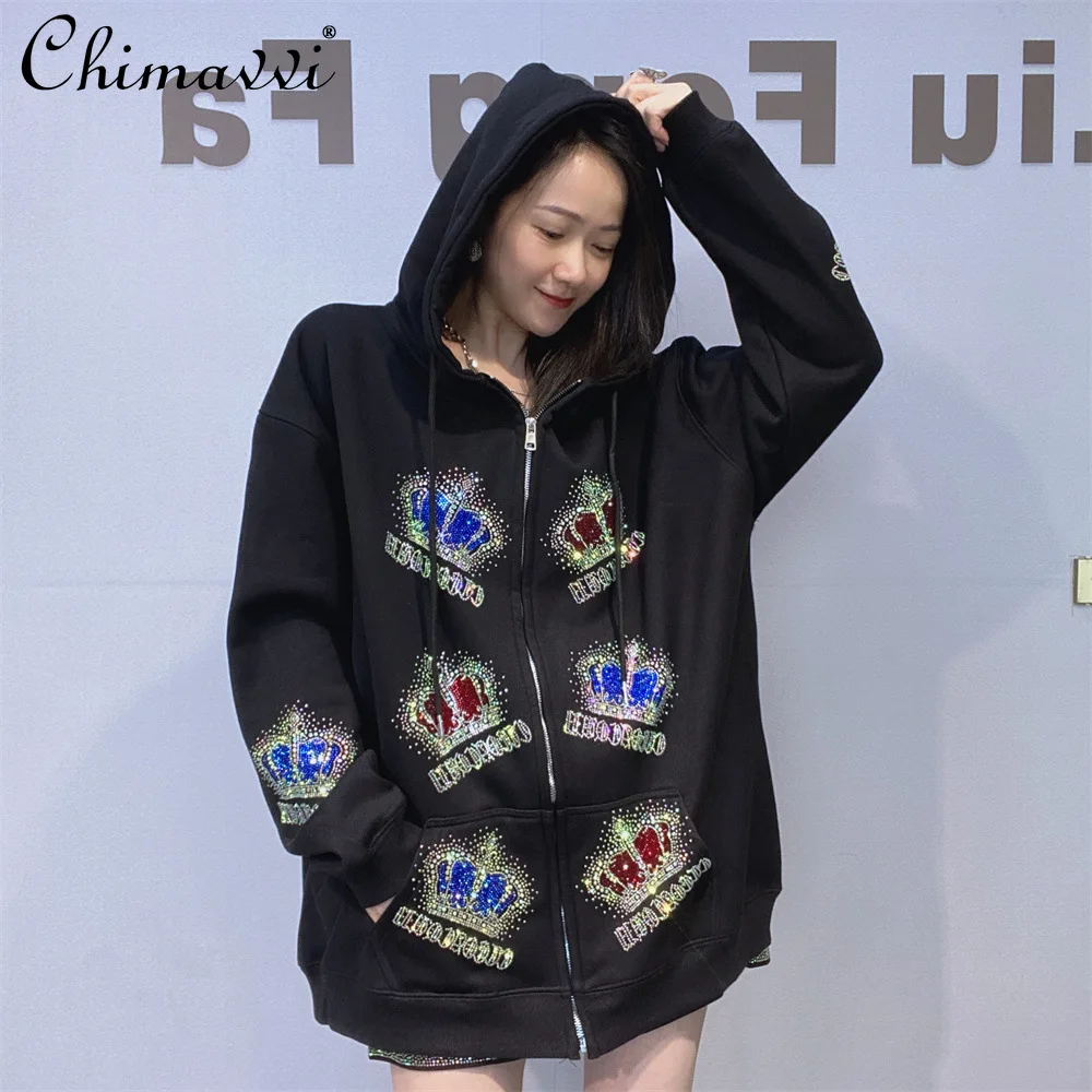 

Heavy Rhinestone Hooded Sweatshirt Jacket Men Women Fashion Large Size Loose Long Sleeve Zipper Fleece Thickened Coat Winter