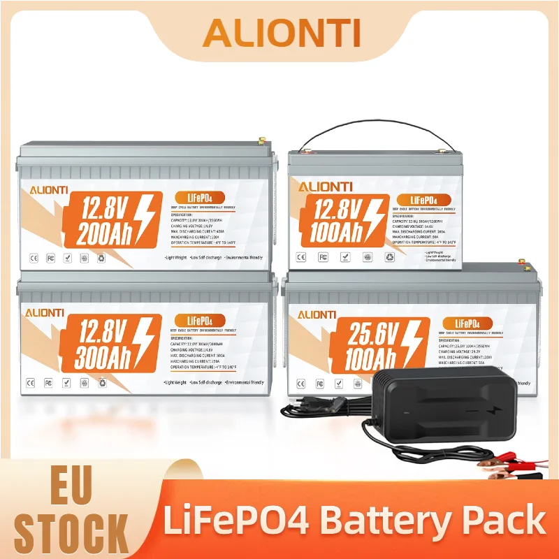 ALIONTI LifePO4 Battery 12V 24V 100Ah 200Ah 300Ah Lithium Battery with BMS 6000+ Deep Cycles for RV, Camping, Solar Panel System