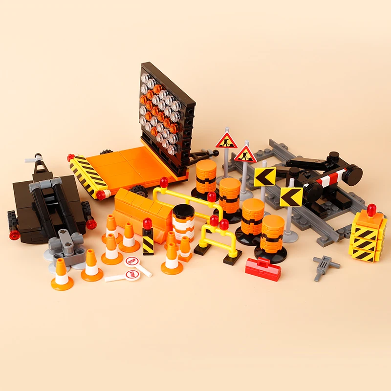 MOC City Traffic Signs Building Blocks Road Barrier Building Blocks Speed Bump Cone Parking Lot Wild Animals Street Bricks Toys