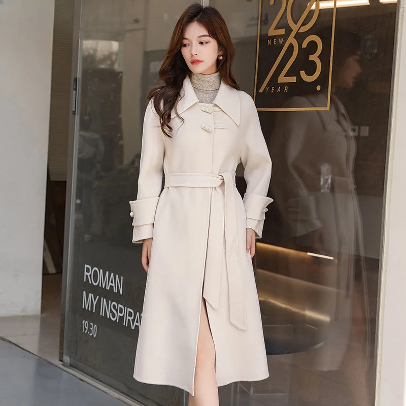 Women's Double-Sided Cashmere Overcoat, Slim-Fit Wool Coat, Long Below the Knee, Monochromatic Outwear, Female Fashion