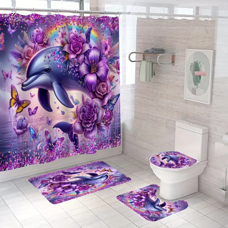 4pcs Glitter Dolphin Shower Curtain Set, Gorgeous Floral Polyester Shower Curtains With 12 Hooks, Non-Slip Bathroom Rug, Toile