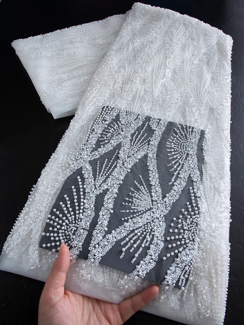 

Luxury African Beaded Lace French Mesh Lace Fabric High Quality Embroider Fabrics Sequins For Sew Wedding Dresses,5yards 4633