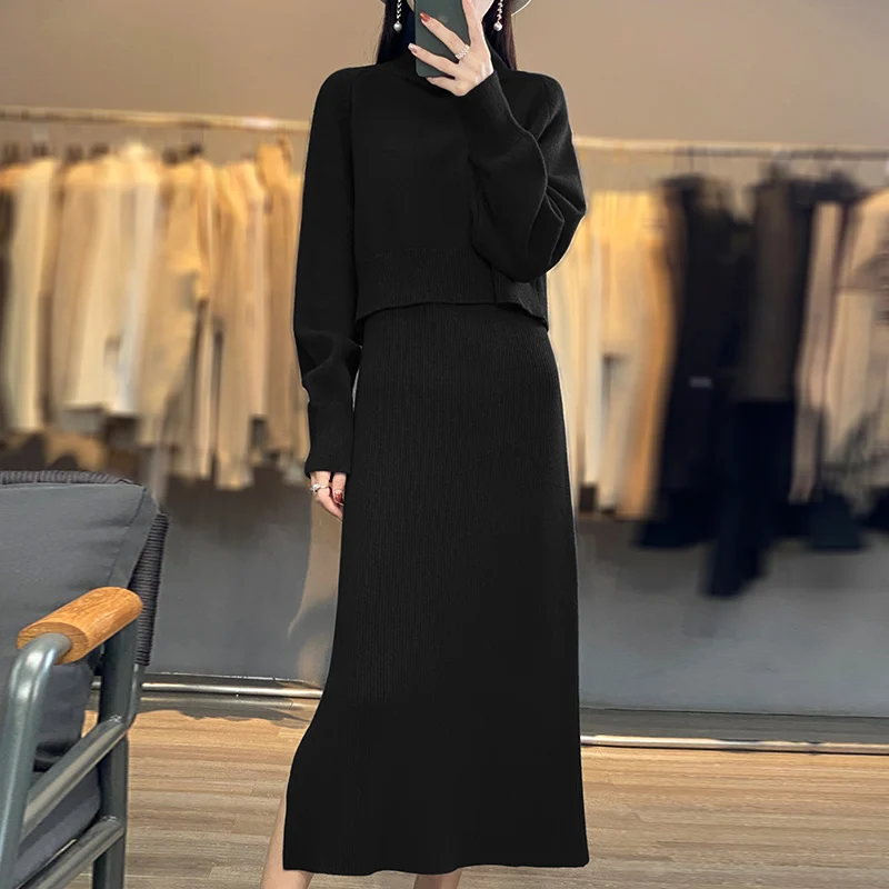 Two Piece Set Women New Autumn Winter Fashion Solid Color Sweater Suit Long Sleeve Turtleneck Clothing Straight Split Dress Sets