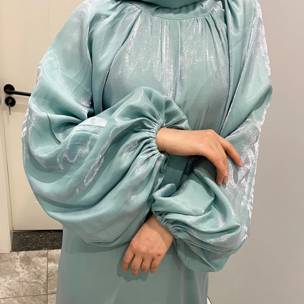 Shiny green Ramadan Eid Djellaba Muslim Dress Dubai Fashion Elastic Puff Sleeve Soft Shiny Abaya with belt wy840w