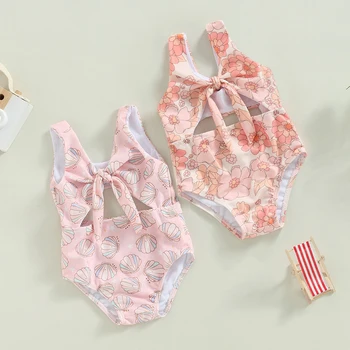 0-3Y bebek kız çocuk mayo kolsuz kabuk baskı Cut Out Bikini çocuk Beachwear çocuk mayo mayolar giysileri