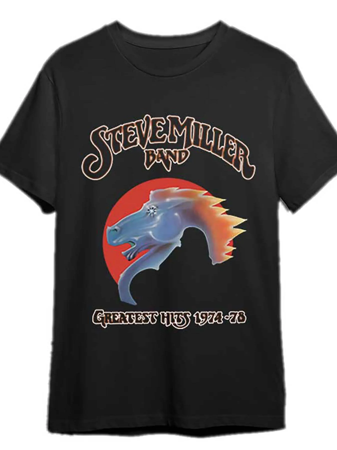 

Steve Band Mens Black Cotton T-Shirt Casual Crew Neck, Short Sleeve with Fiery Dragon Graphic Greatest Hits 1973-2005 Print