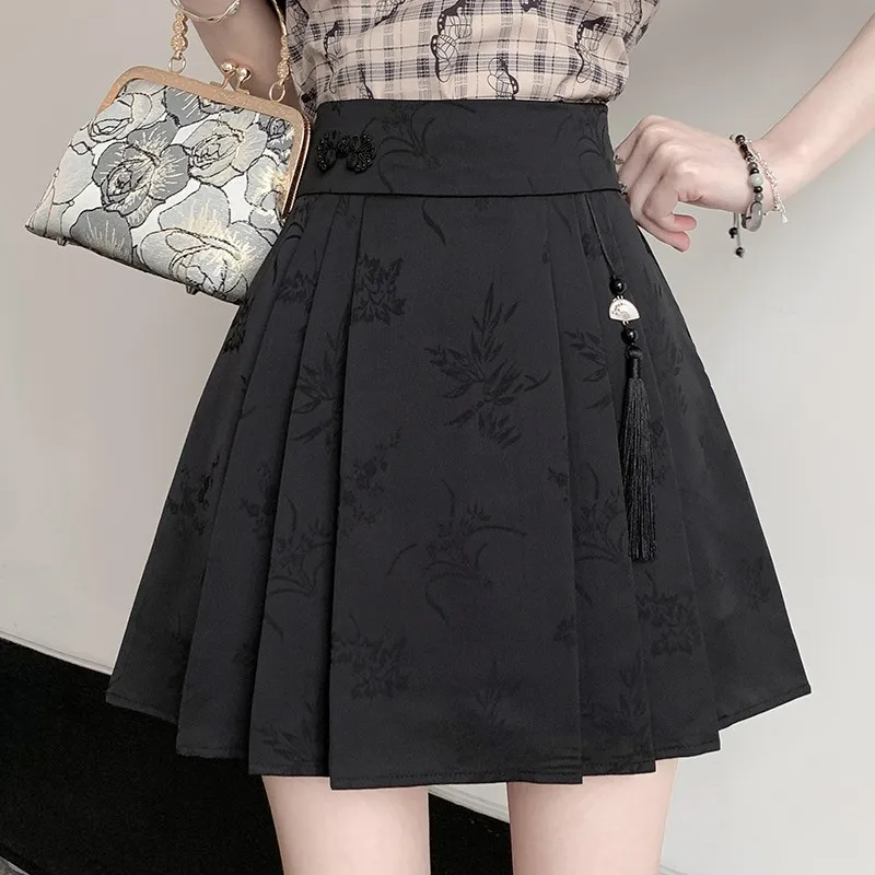 High Waist A-line Short Skirt Women New Arrival 2024 Summer Chinese Style Vintage Jacquard Ladies Elegant Pleated Skirts W1662