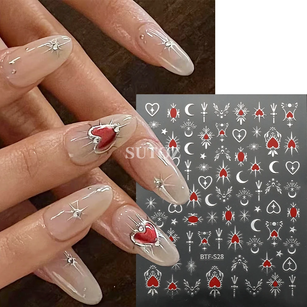 Holographic Heart Nail Stickers Chrome Gold Silver Moon Stars Nail Decals Korean Style Sliders Y2K Manicure Decoration NTBTF-S28