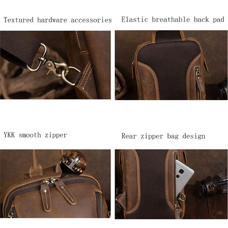 Men\'s Retro Genuine Leather Top Layer Cowhide Shoulder Bags Waterproof Crossbody Travel Chest Sling Bag Messenger Pack for Male